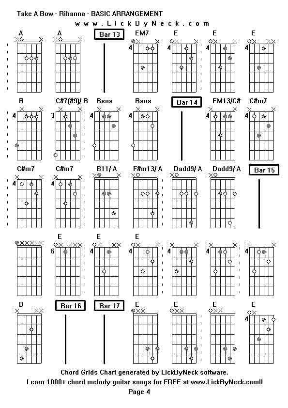 Chord Grids Chart of chord melody fingerstyle guitar song-Take A Bow - Rihanna - BASIC ARRANGEMENT,generated by LickByNeck software.